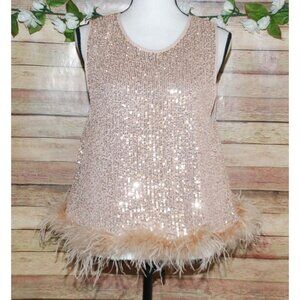 Scrap Work Boutique Full Sequin Tank Top Rose Gold Size L Feather Trim Hem Lined